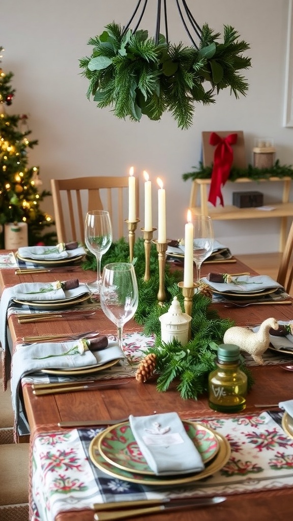 An elegant Christmas table setting with vibrant linens, unique dishware, candles, and seasonal decorations.